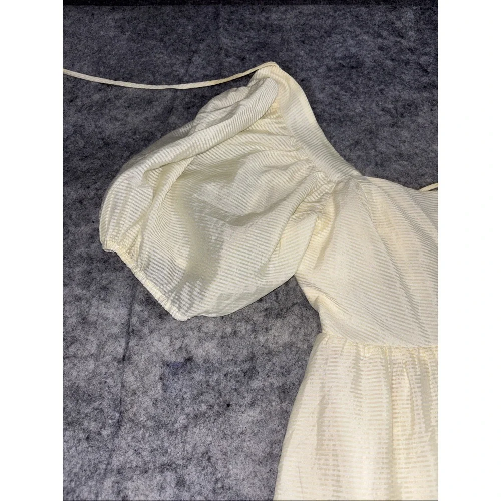 WAYF Midi Dress Women's Small Pale Yellow Stripped Open Back Puff Sleeve Cottage
